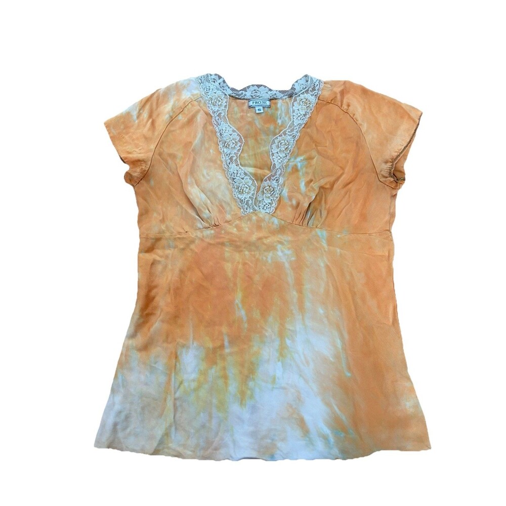 FROXX Silk Beaded Lace Blouse Top Small Hand Dyed Orange Y2K Boho USA